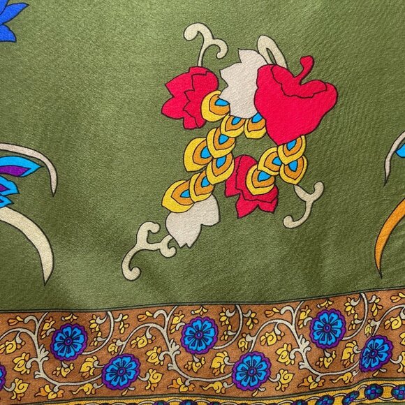 Vintage Floral Print 100% Silk Large Square Scarf Olive Green Made in Japan - Picture 4 of 13
